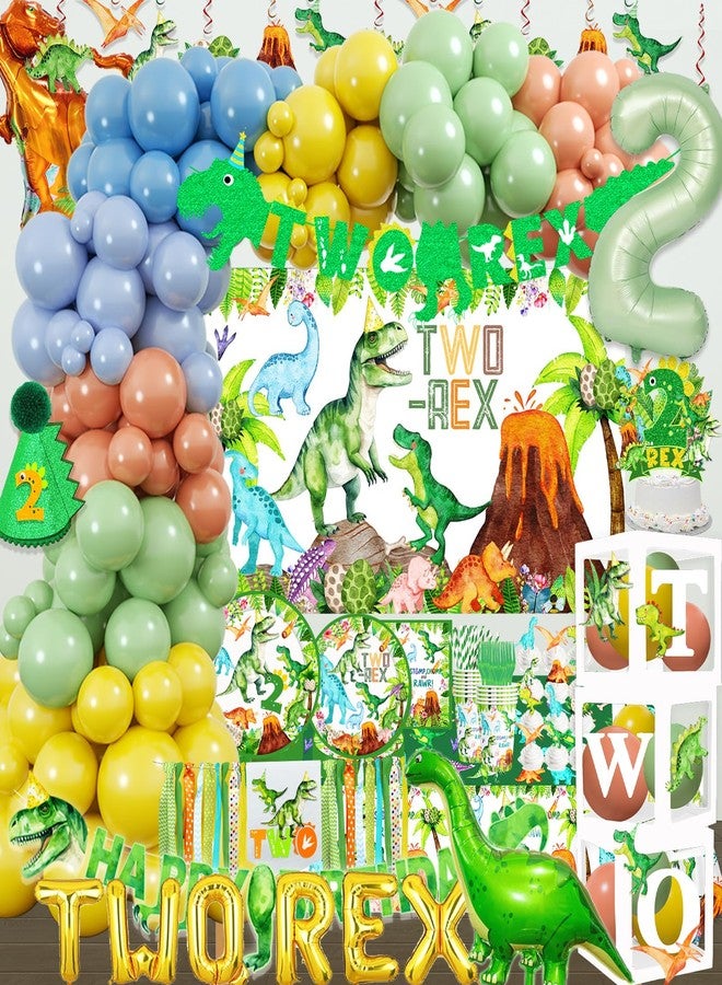BIGKEOKI Dinosaur Birthday Party Supplies Two Rex Birthday Decorations Boy Watercolor Trex Dinosaur Tableware Set Balloon Garland Balloon Boxes Highchair Banner Glitter Banner Crown Backdrop TableCloth - Image 1